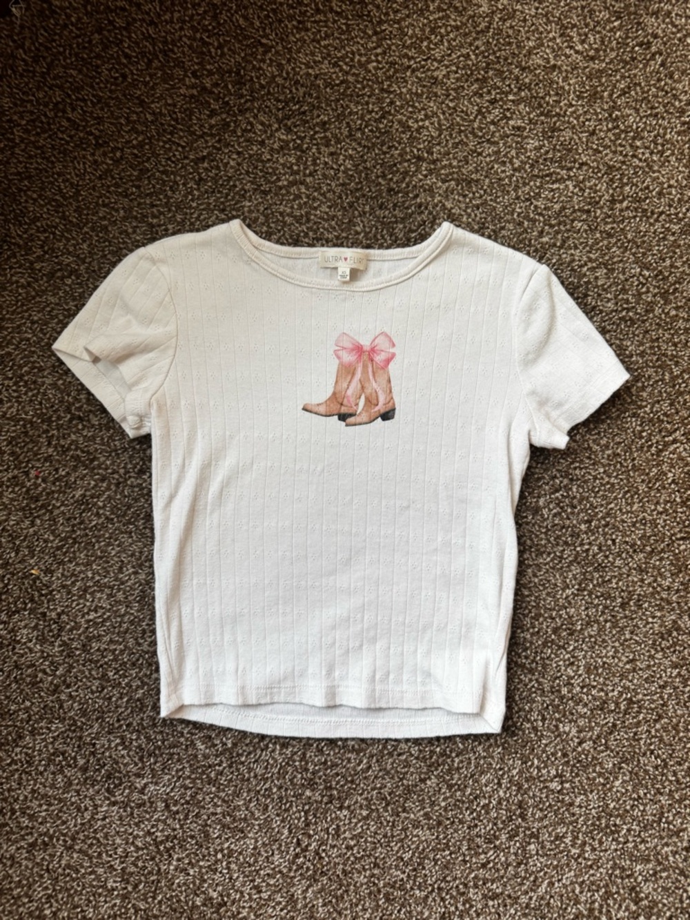 Ultra Flirt White Pointelle Short Sleeve Tee with Pink Bow Boot Graphic XS